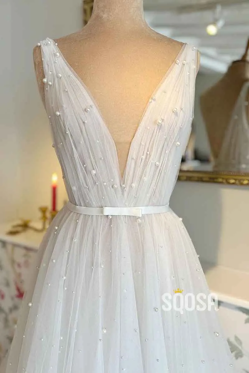 A Line Sexy V neck Pearls Elegant Wedding Dress QW2691