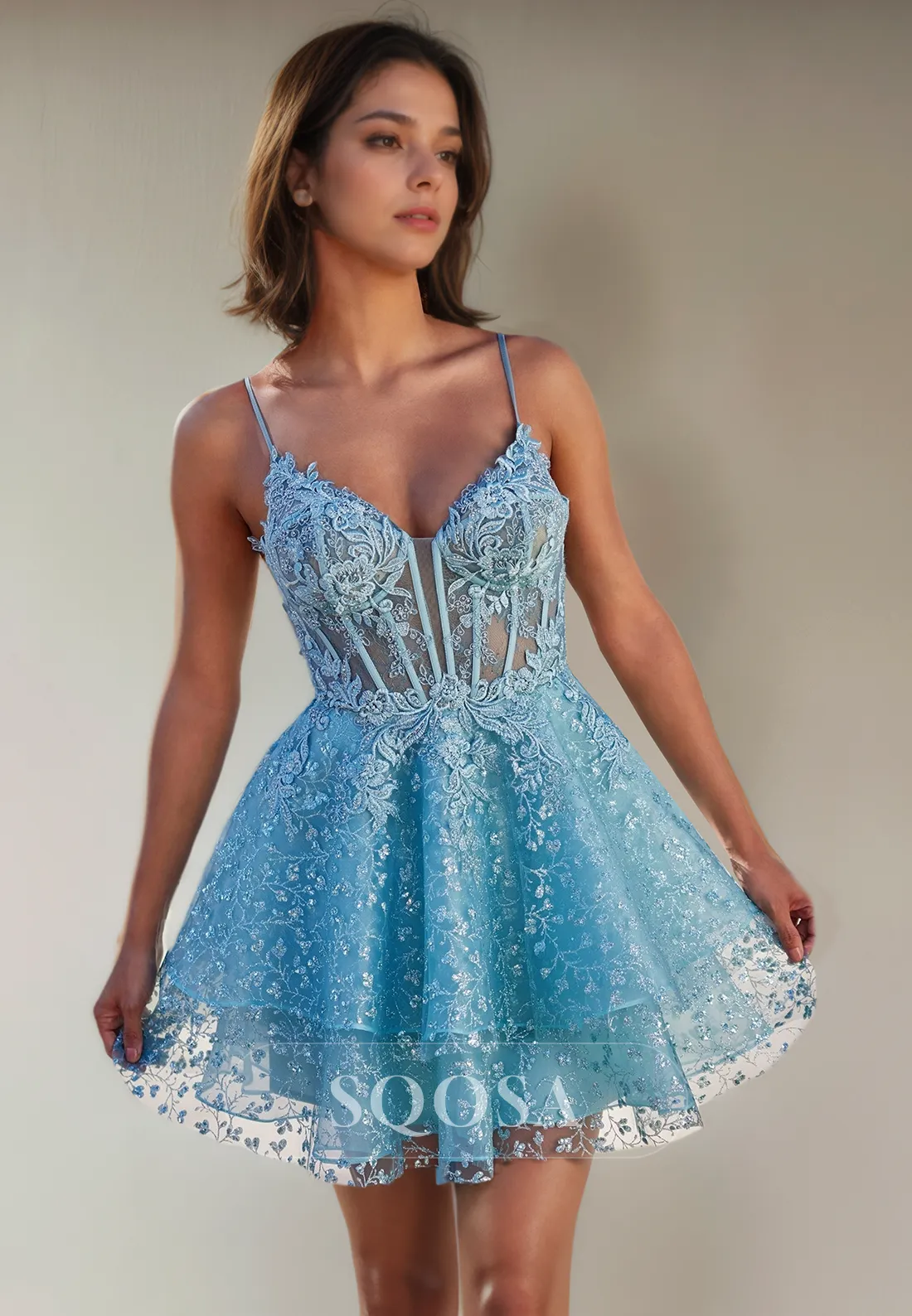 A Line Spaghetti Straps Lace Homecoming Dress Short Prom Graduation Dress