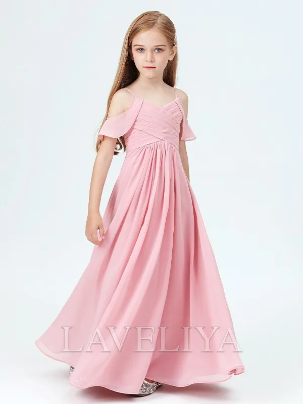 A-line Straps Ruffles Floor-Length Chiffon Junior Bridesmaid Dress  #HQF0090