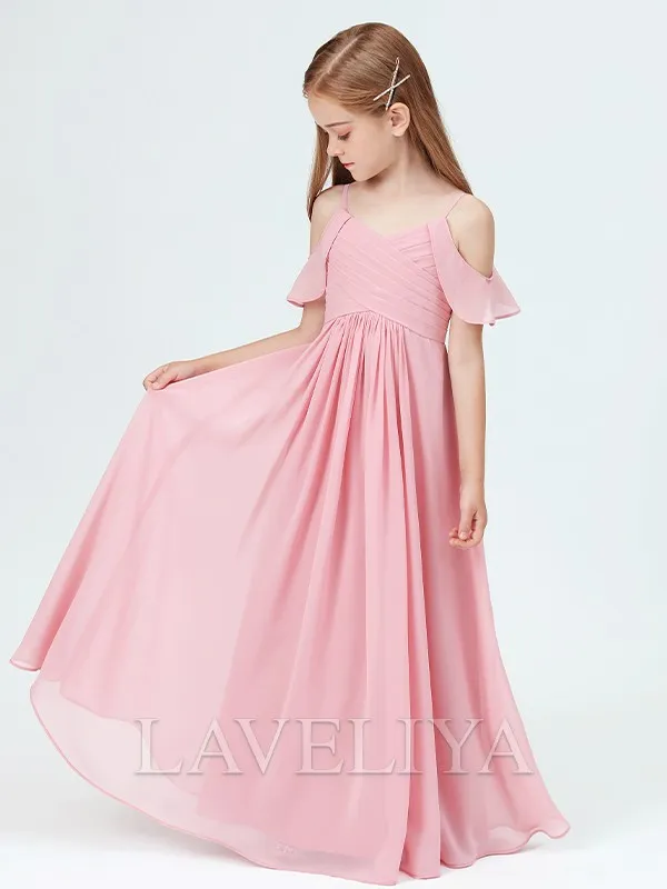 A-line Straps Ruffles Floor-Length Chiffon Junior Bridesmaid Dress  #HQF0090