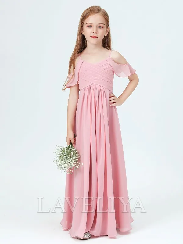 A-line Straps Ruffles Floor-Length Chiffon Junior Bridesmaid Dress  #HQF0090