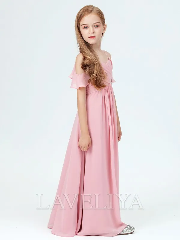 A-line Straps Ruffles Floor-Length Chiffon Junior Bridesmaid Dress  #HQF0090