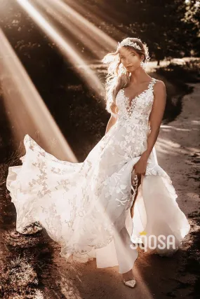 A-line V-neck Appliques Beach Wedding Dress QW2683