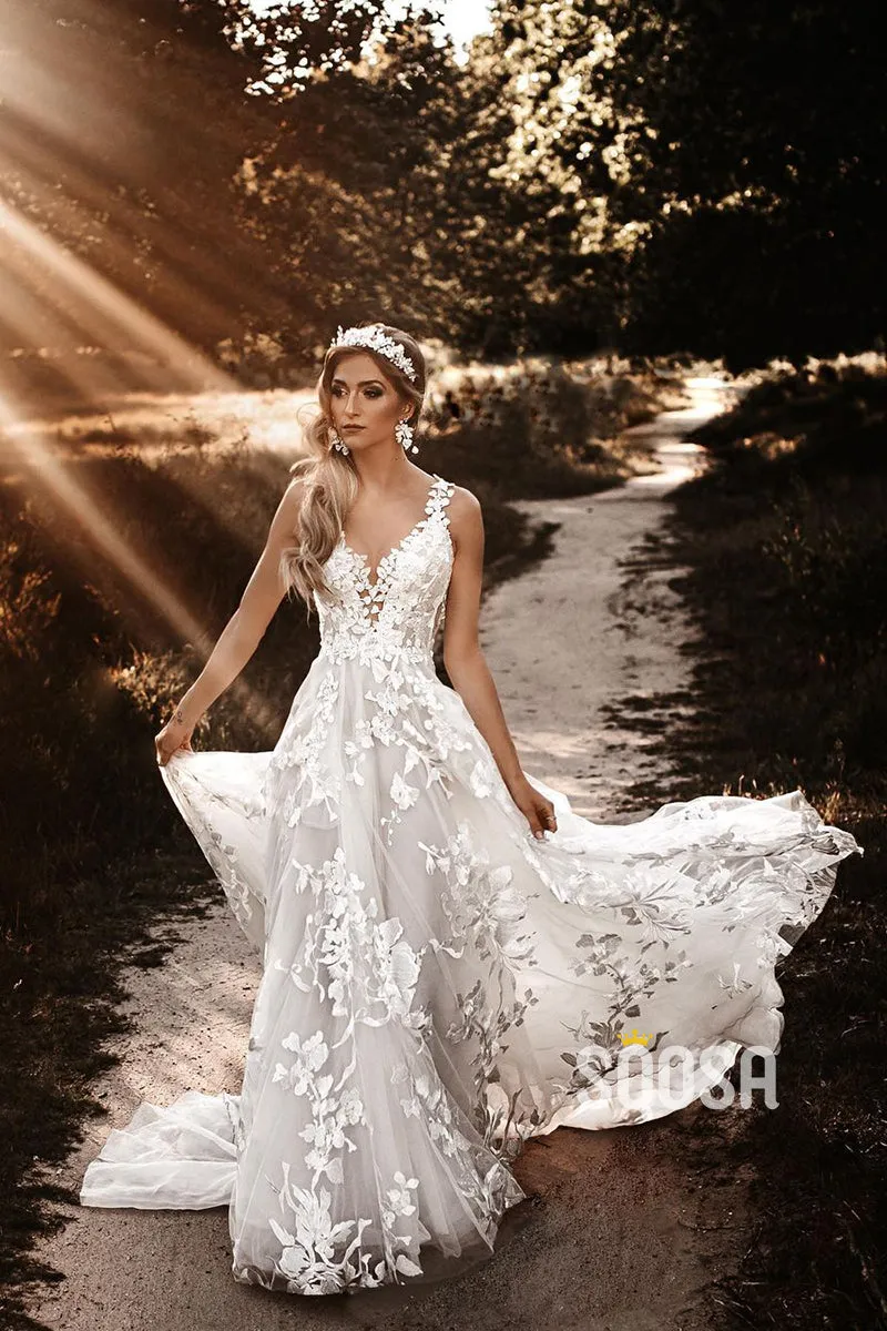 A-line V-neck Appliques Beach Wedding Dress QW2683