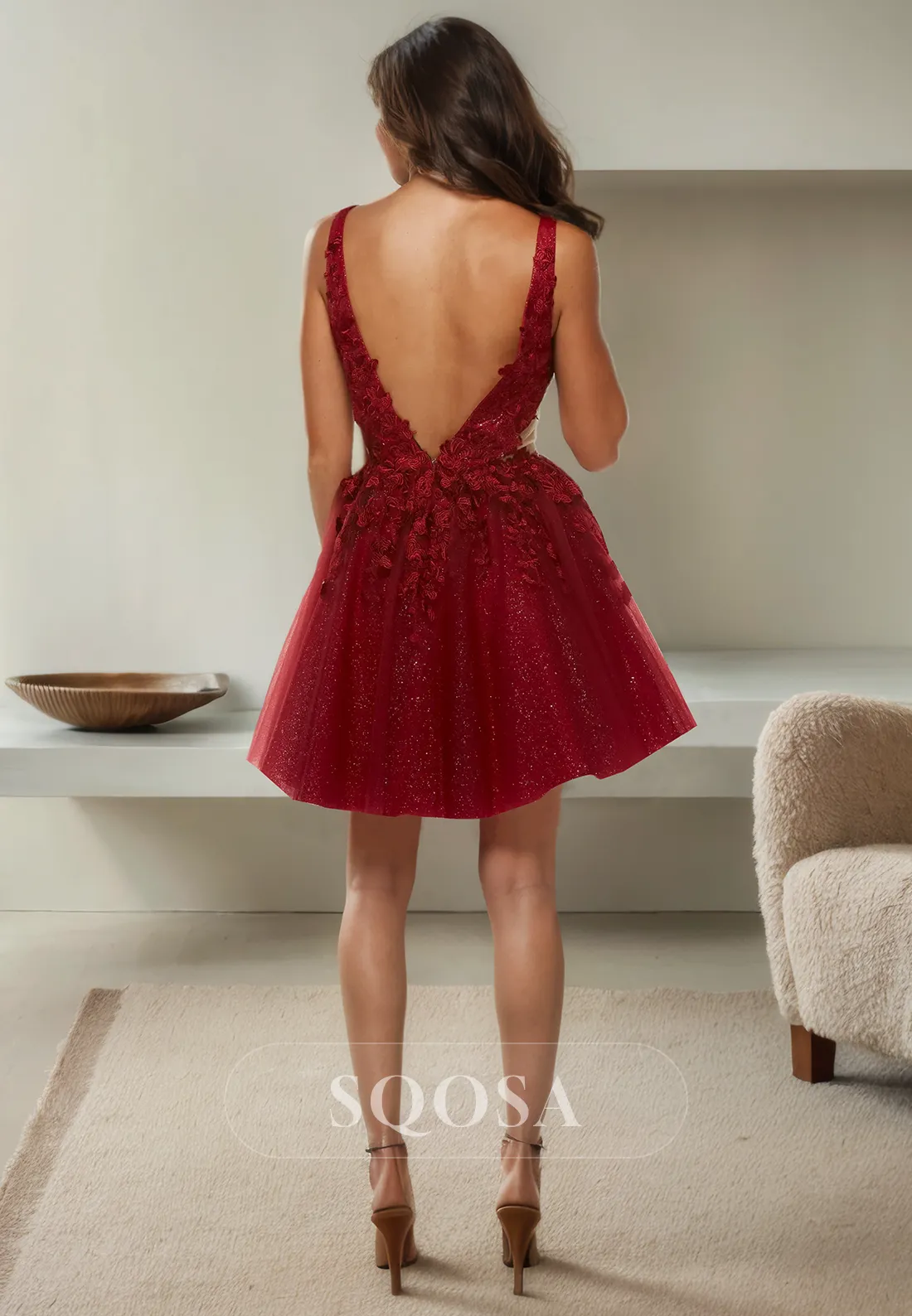 A Line V Neck Appliques Burgundy Homecoming Dress Short Graduation Dress