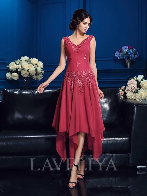 A-line V-neck Appliques Lace Asymmetrical Chiffon Mother of the Bride Dress  #XM230164