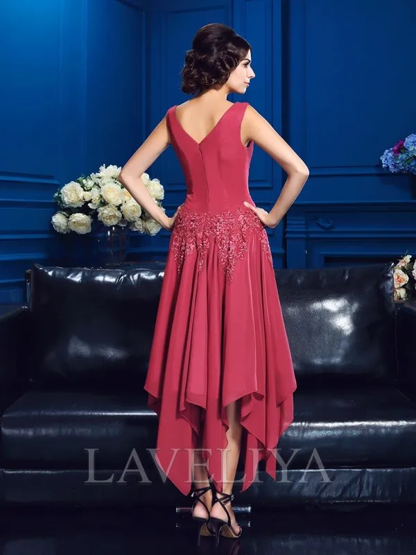 A-line V-neck Appliques Lace Asymmetrical Chiffon Mother of the Bride Dress  #XM230164