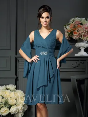 A-line V-neck Beading Knee-Length Chiffon Mother of the Bride Dress  #XM230143