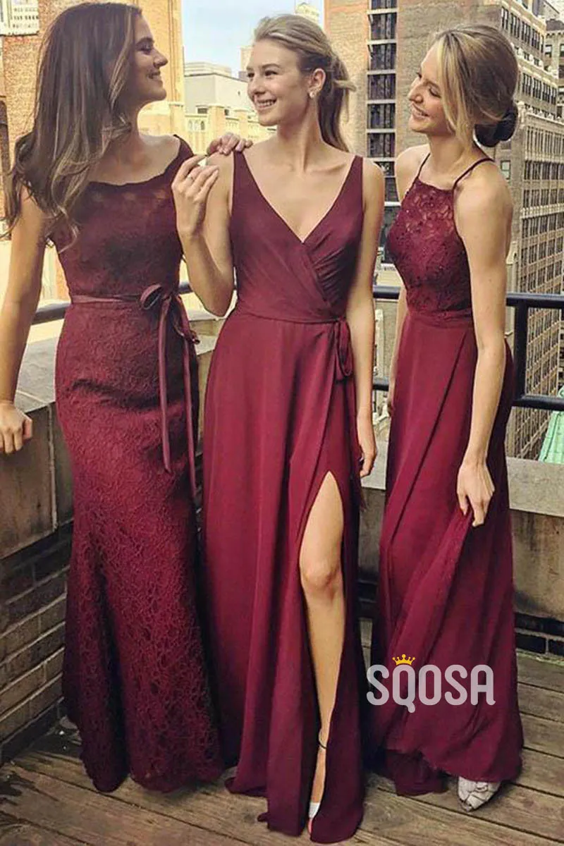 A-line V-neck Burgundy Long Bridesmaid Dress QB2125