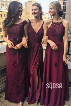 A-line V-neck Burgundy Long Bridesmaid Dress QB2125