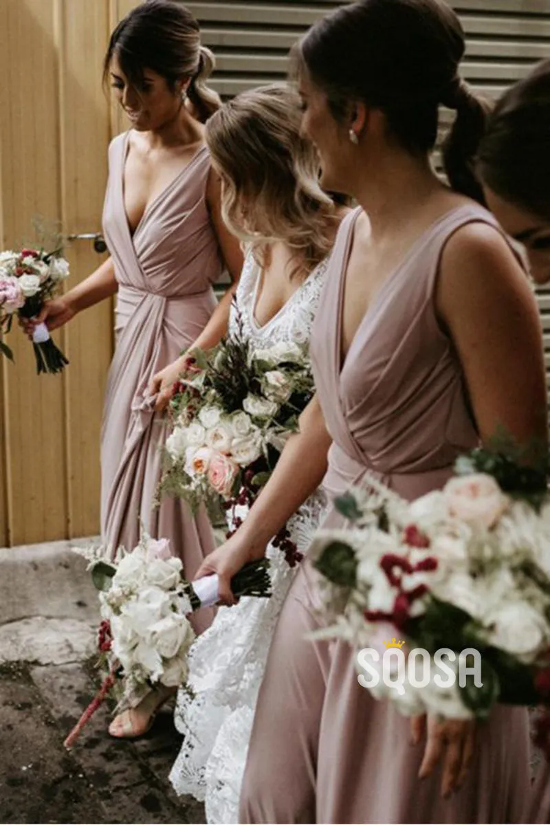 A-line V-neck Chiffon Pleats Long Bridesmaid Dress QB2129