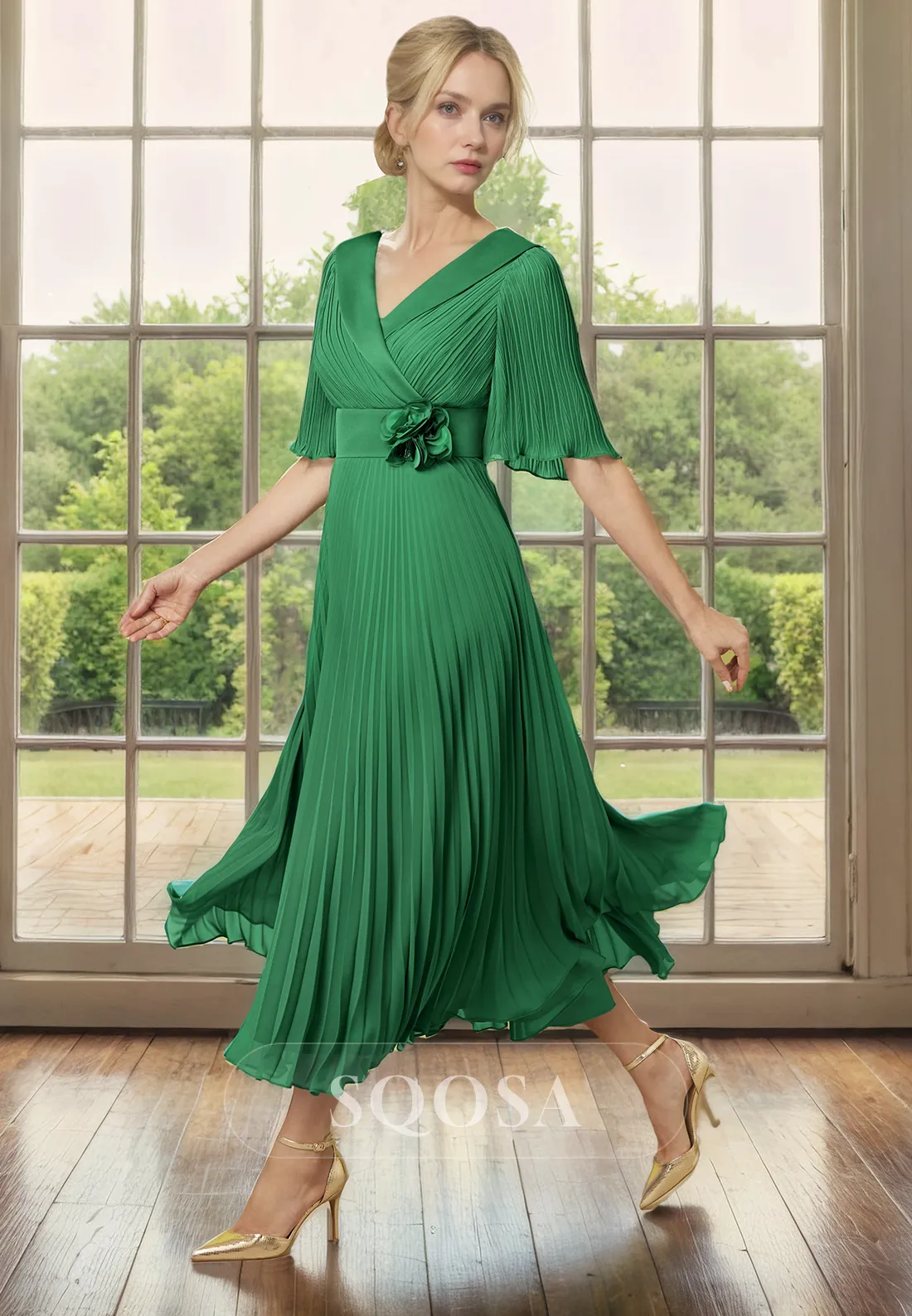 A Line V Neck Half Sleeves Pleats Mother of the Bride Dress for Wedding