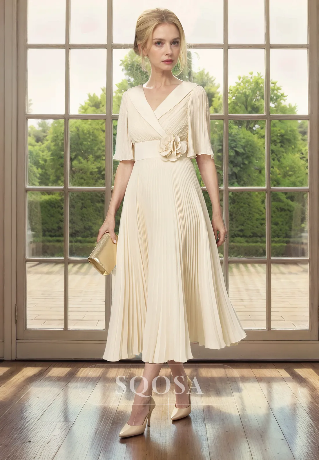 A Line V Neck Half Sleeves Pleats Mother of the Bride Dress for Wedding