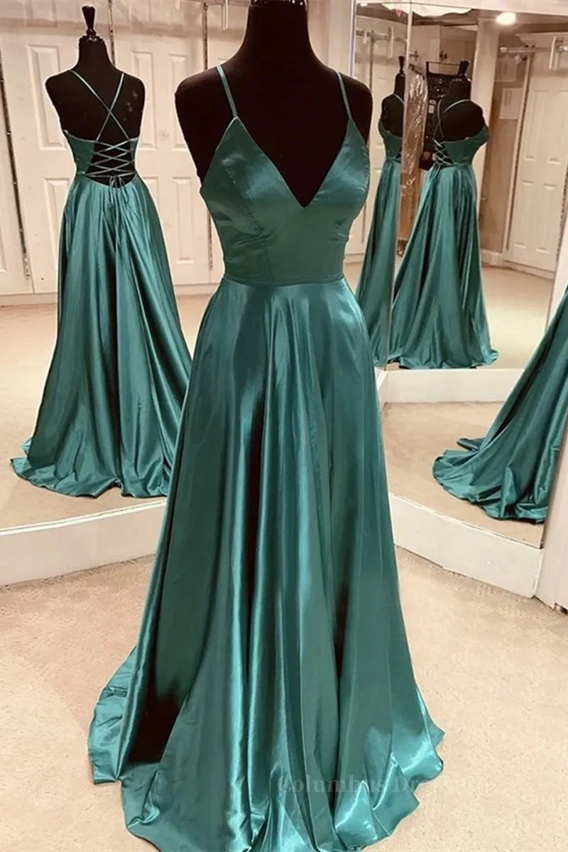 A Line V Neck Open Back Emerald Green Satin Long Prom Dress, Backless Emerald Green Formal Graduation Evening Dress