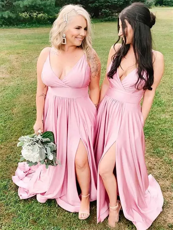 A-line V-neck Pink Long Bridesmaid Dresses, BG143