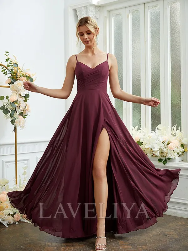 A-line V-neck Pleated Floor-Length Chiffon Bridesmaid Dress  #ZB230070