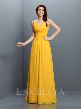 A-line V-neck Pleated Floor-Length Chiffon Bridesmaid Dress  #ZB230170