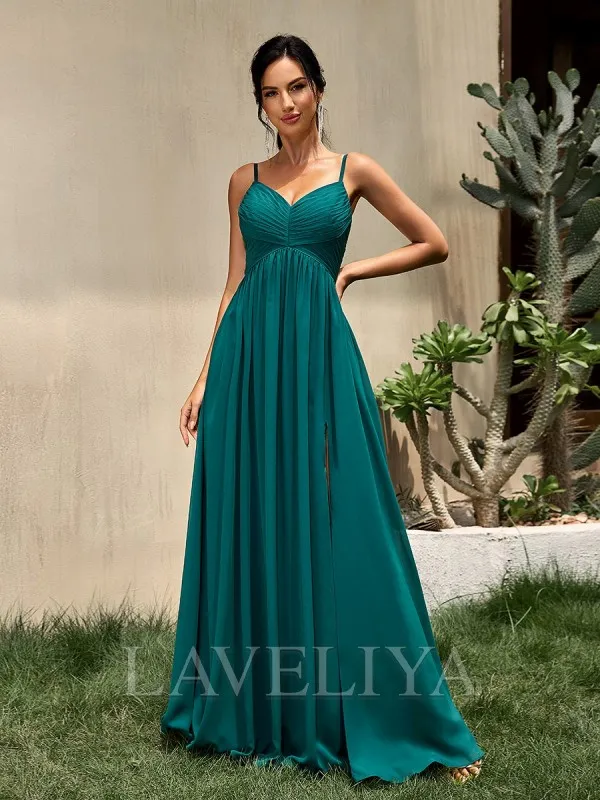 A-line V-neck Pleated Floor-Length Chiffon Bridesmaid Dress  #ZB230429