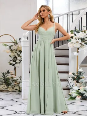 A-line V-neck Pleated Floor-Length Chiffon Dress  #ZB230539