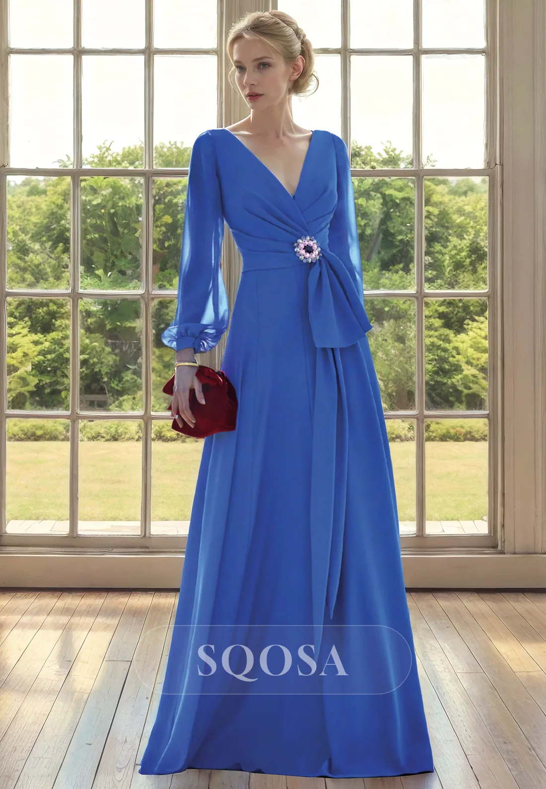 A Line V Neck Pleats Long Sleeves Mother of the Bride Dress for Wedding Blue Cocktail Dress