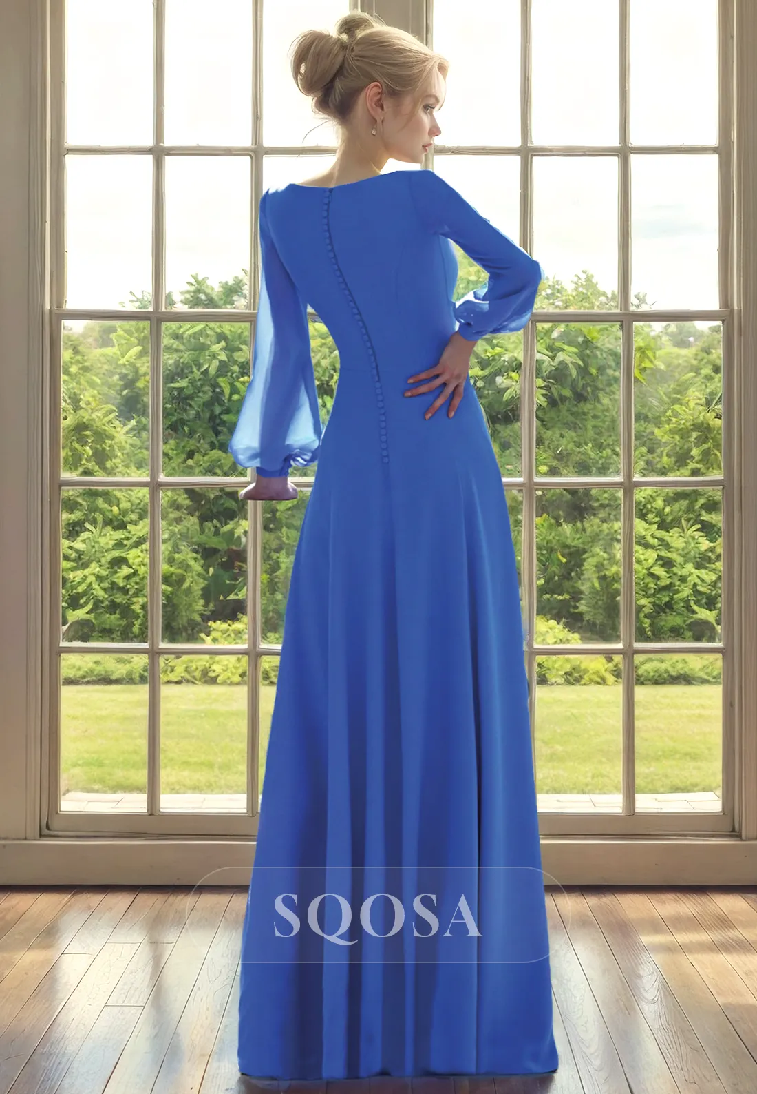 A Line V Neck Pleats Long Sleeves Mother of the Bride Dress for Wedding Blue Cocktail Dress