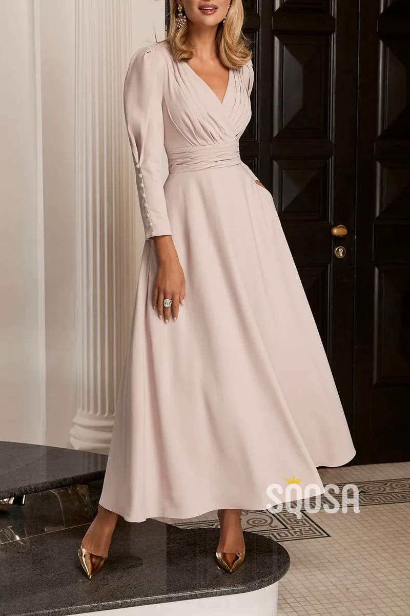 A-Line V-Neck Pleats Mother of the Bride Dress Wedding Guest Dress QM3243