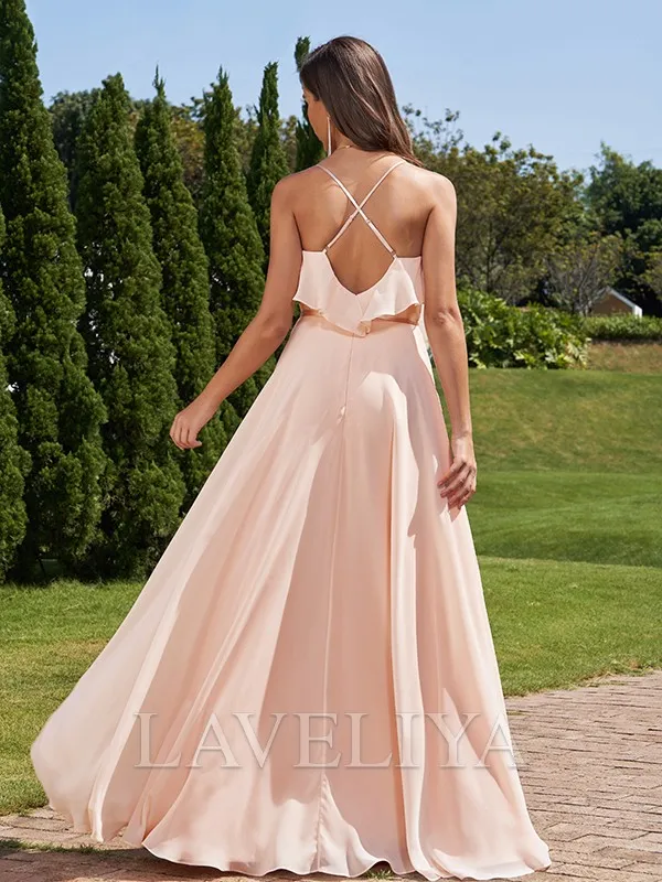 A-line V-neck Ruffles Floor-Length Chiffon Bridesmaid Dress  #ZB230080