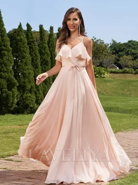 A-line V-neck Ruffles Floor-Length Chiffon Bridesmaid Dress  #ZB230080