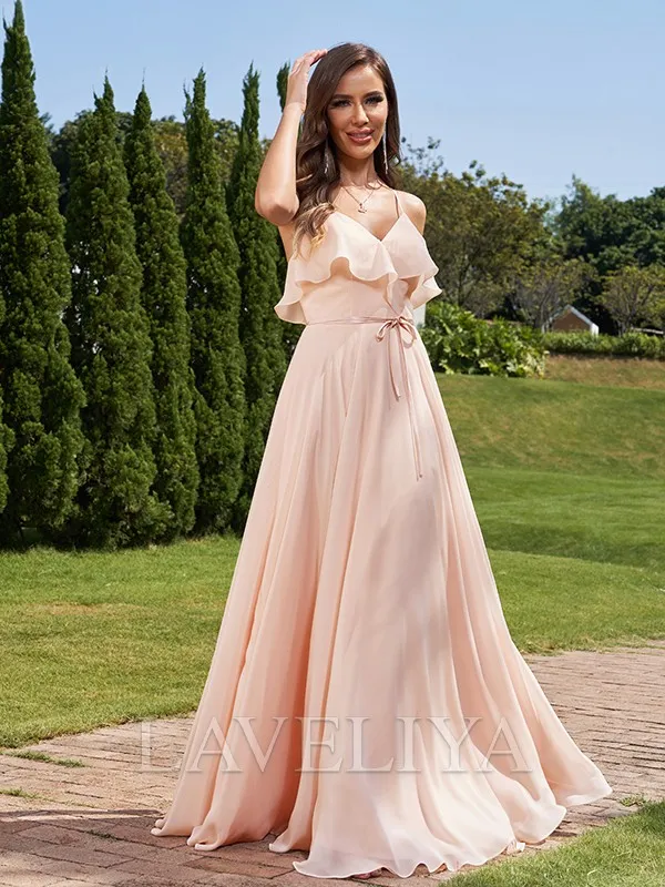 A-line V-neck Ruffles Floor-Length Chiffon Bridesmaid Dress  #ZB230080