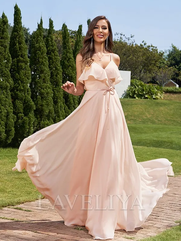 A-line V-neck Ruffles Floor-Length Chiffon Bridesmaid Dress  #ZB230080