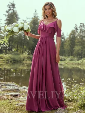 A-line V-neck Ruffles Floor-Length Chiffon Bridesmaid Dress  #ZB230221