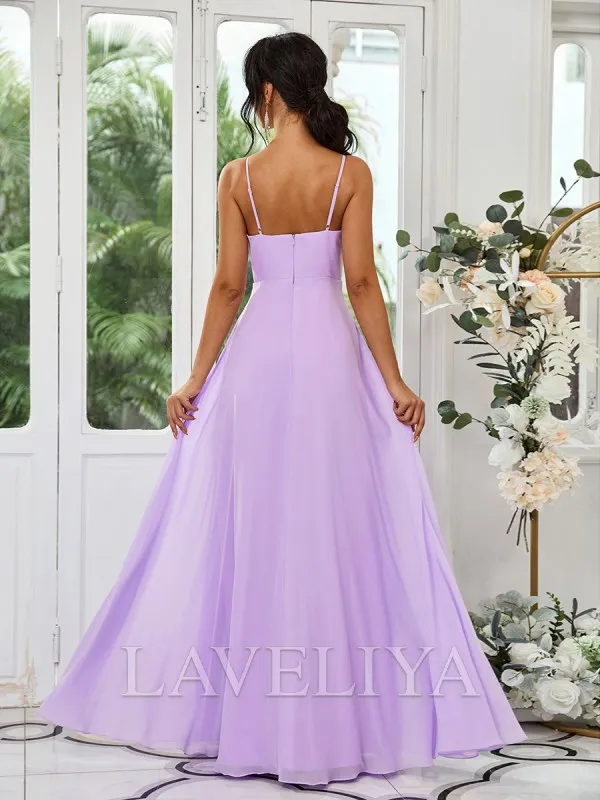 A-line V-neck Ruffles Floor-Length Chiffon Bridesmaid Dress  #ZB230511