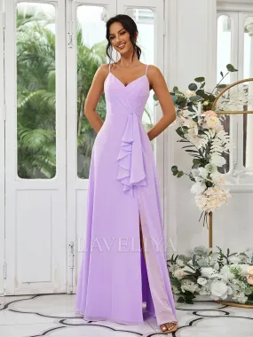 A-line V-neck Ruffles Floor-Length Chiffon Bridesmaid Dress  #ZB230511