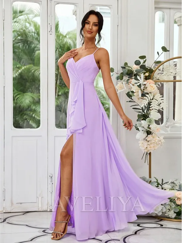 A-line V-neck Ruffles Floor-Length Chiffon Bridesmaid Dress  #ZB230511