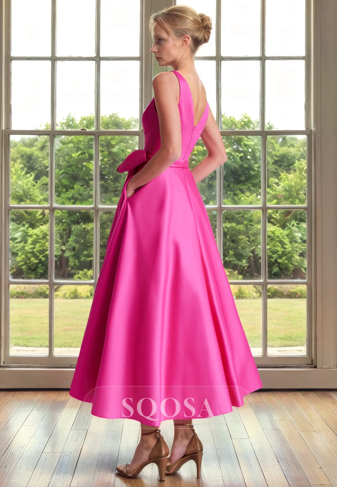 A Line V Neck Satin Mother of the Bride Dress with Pockets Elegant Cocktail Dress