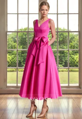 A Line V Neck Satin Mother of the Bride Dress with Pockets Elegant Cocktail Dress