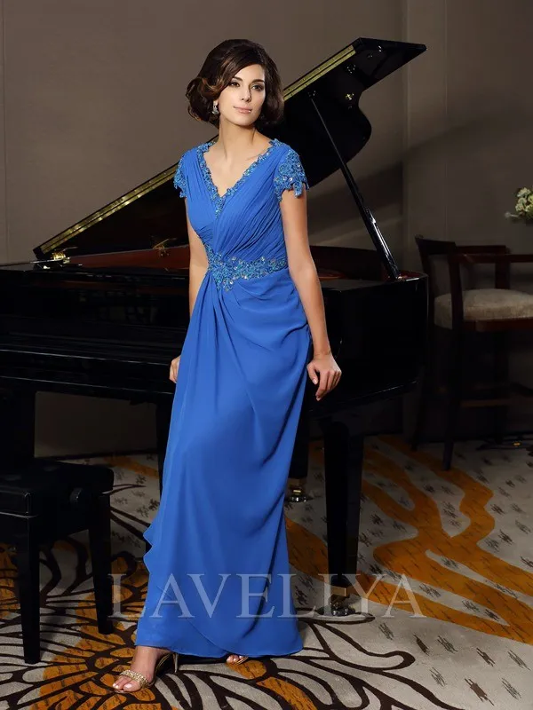 A-line V-neck Short Sleeves Beading Floor-Length Chiffon Mother of the Bride Dress  #XM230151