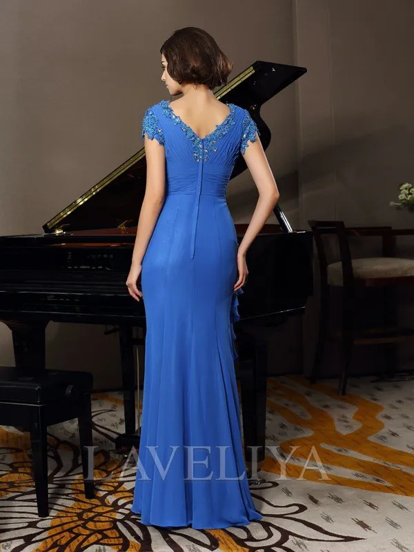 A-line V-neck Short Sleeves Beading Floor-Length Chiffon Mother of the Bride Dress  #XM230151