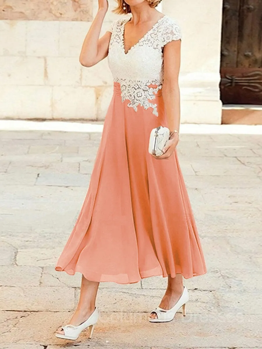 A-Line/Princess V-neck Tea-Length Chiffon Mother of the Bride Dresses With Lace Applique