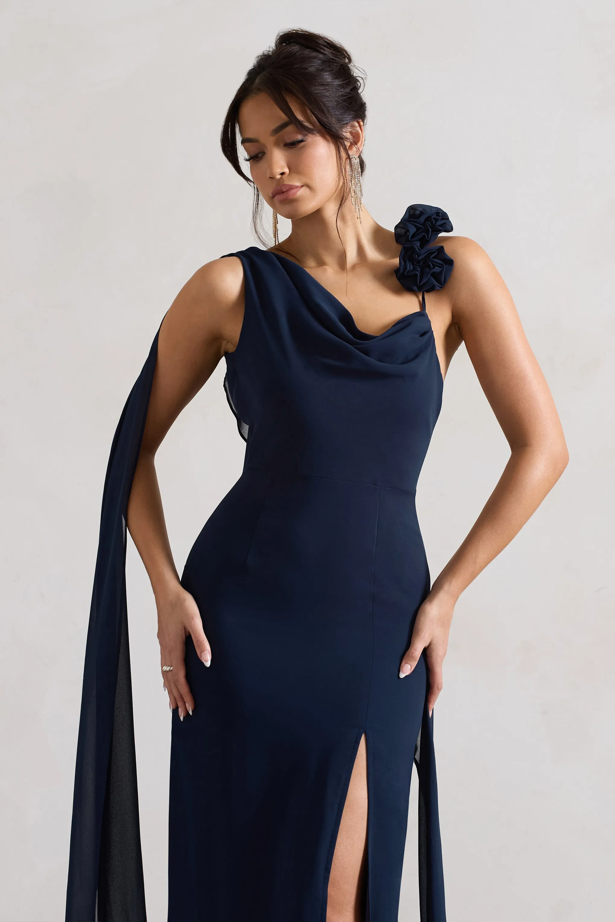 Angeline | Navy Chiffon Draped Split Maxi Dress With Corsages