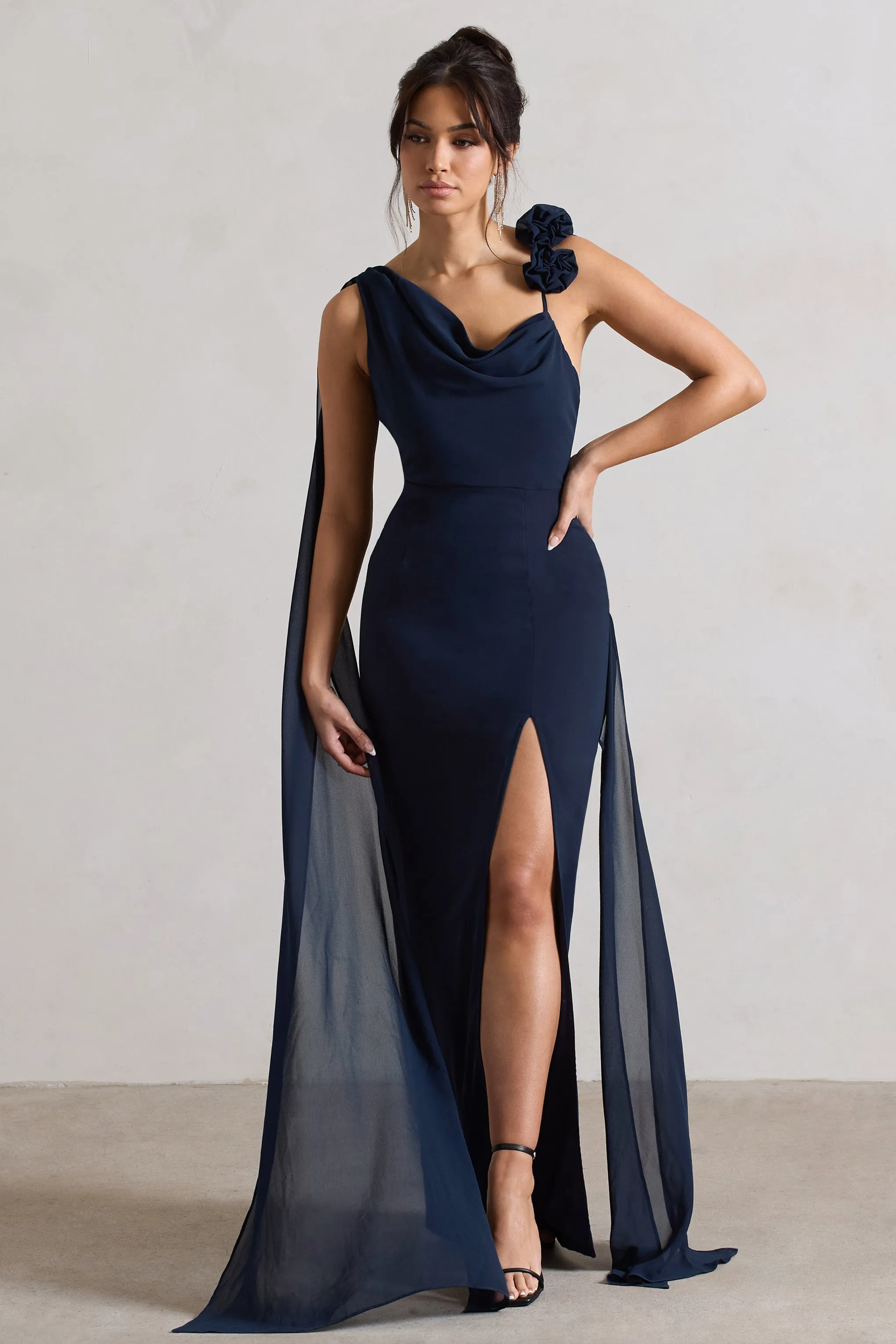 Angeline | Navy Chiffon Draped Split Maxi Dress With Corsages