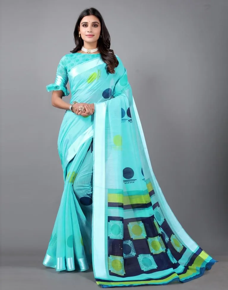 Aqua Blue Cotton Saree