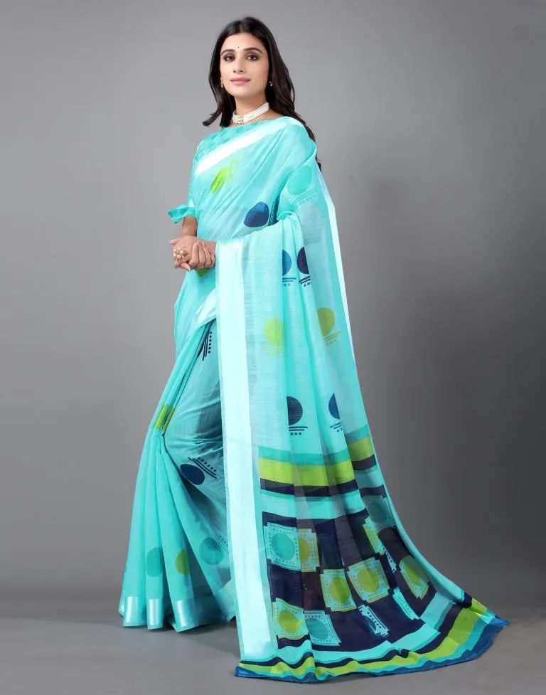 Aqua Blue Cotton Saree