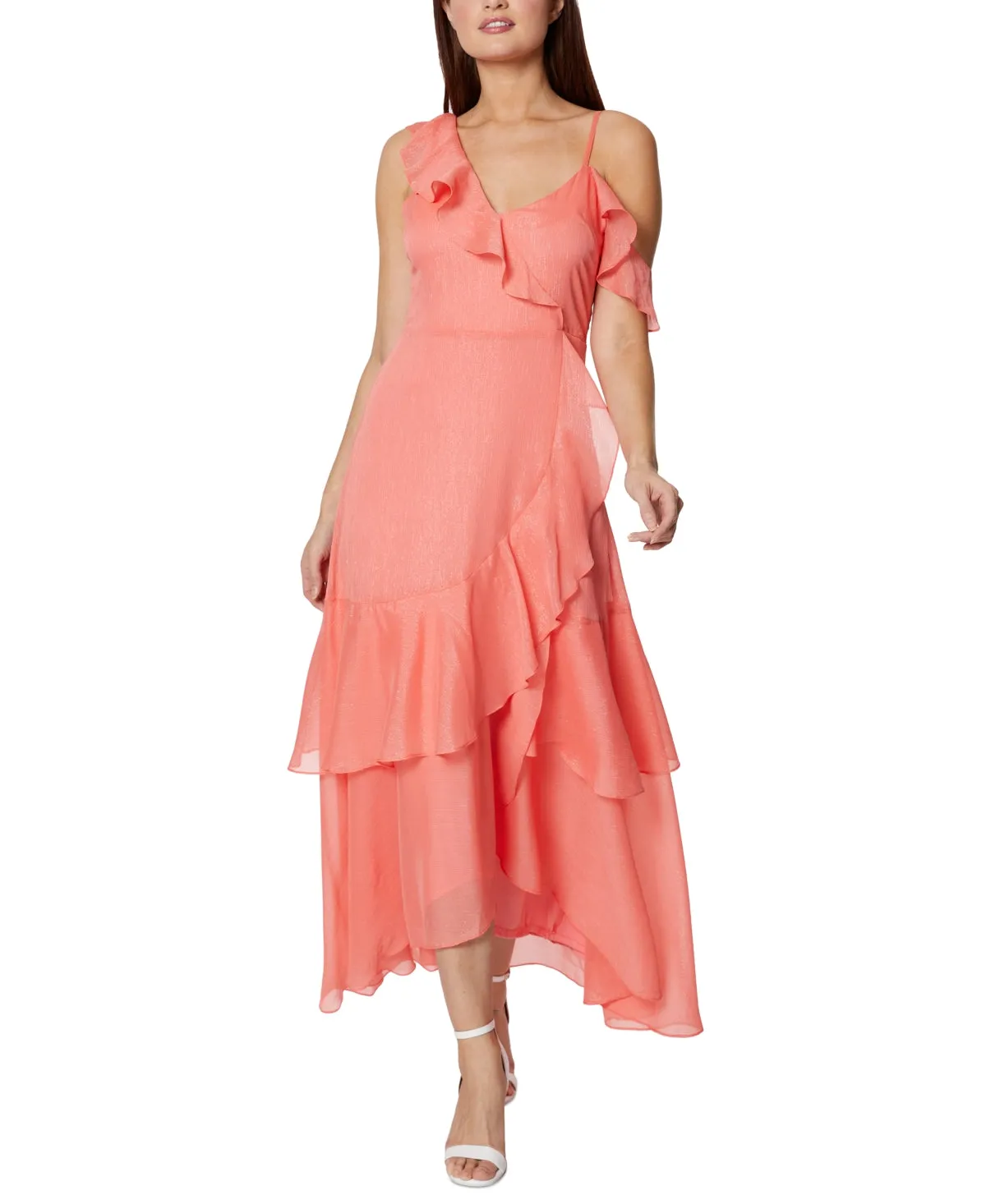 BCBGeneration Women's Flutter Sleeve Asymmetrical Neckline Maxi Party Fit Flare Dress Pink Size 2