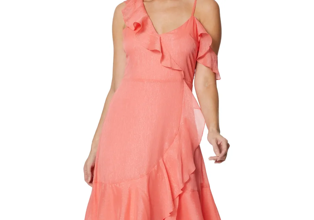 BCBGeneration Women's Flutter Sleeve Asymmetrical Neckline Maxi Party Fit Flare Dress Pink Size 2