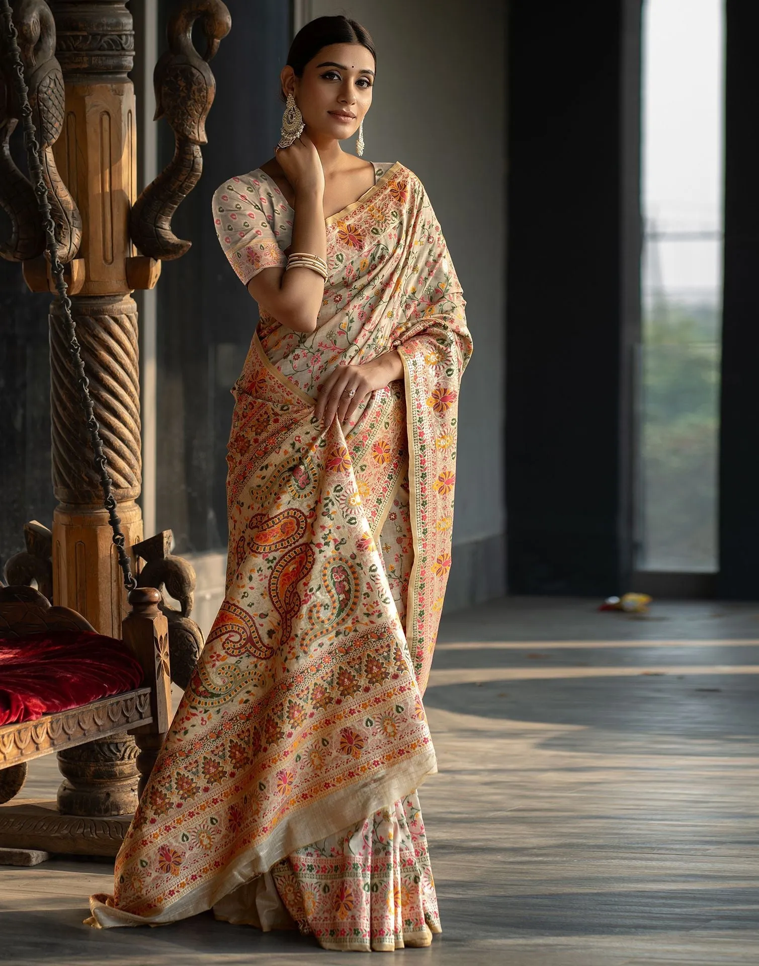 Beige Jacquard Cotton Saree