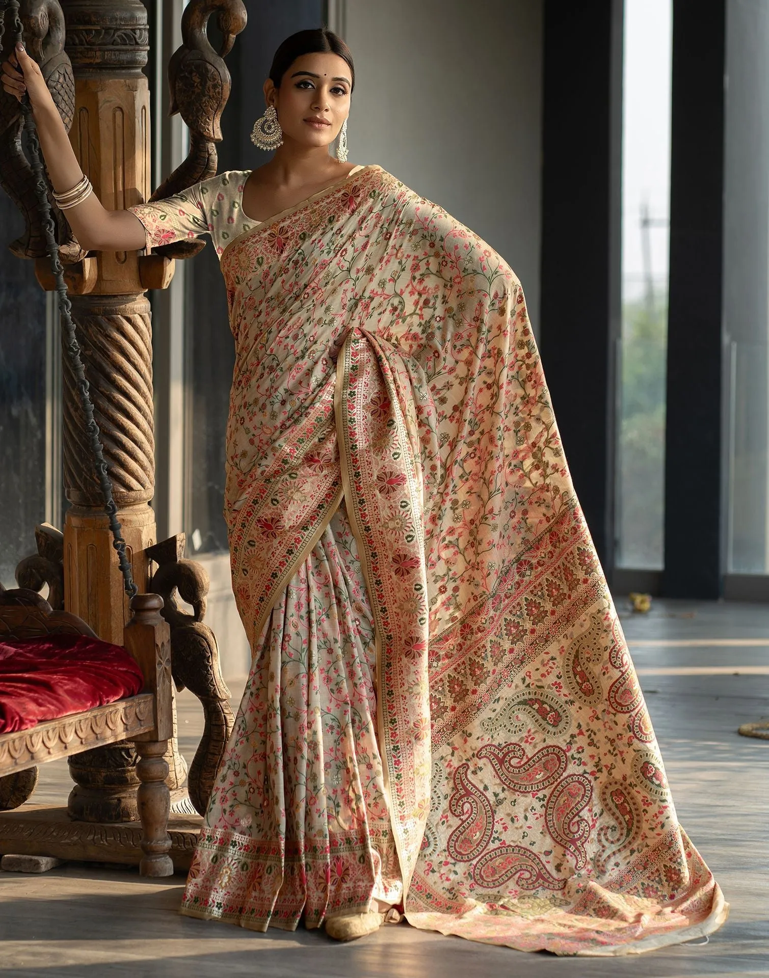 Beige Jacquard Cotton Saree