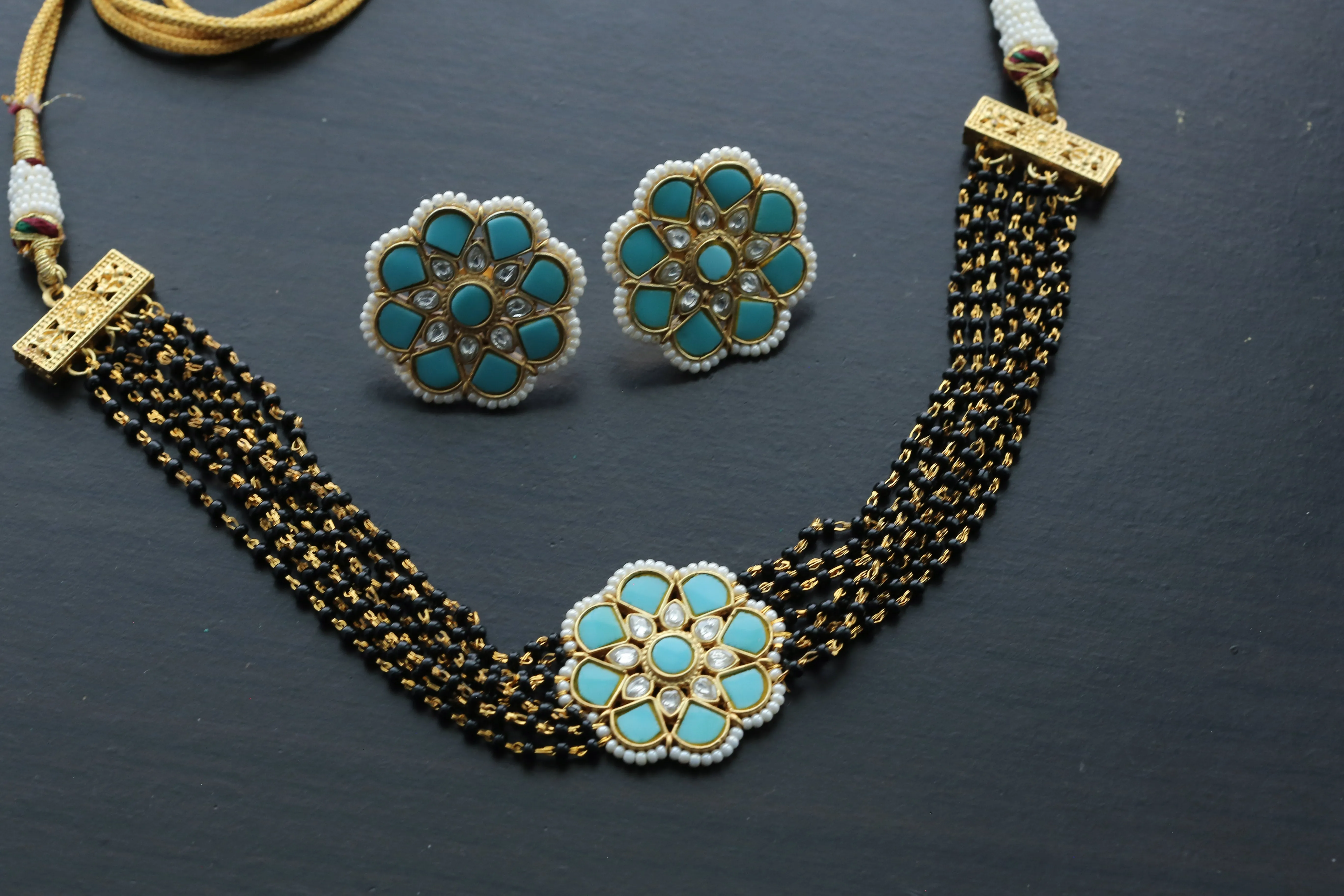 Black Bead Jadau Necklace Set -  Turquoise