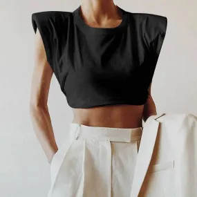 Black Cotton Shoulder Pads Crop Tee