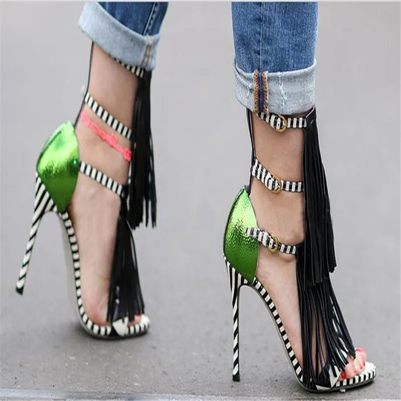 Black White Green Fringes Bohemia High Stiletto Heels Sandals Shoes Pump